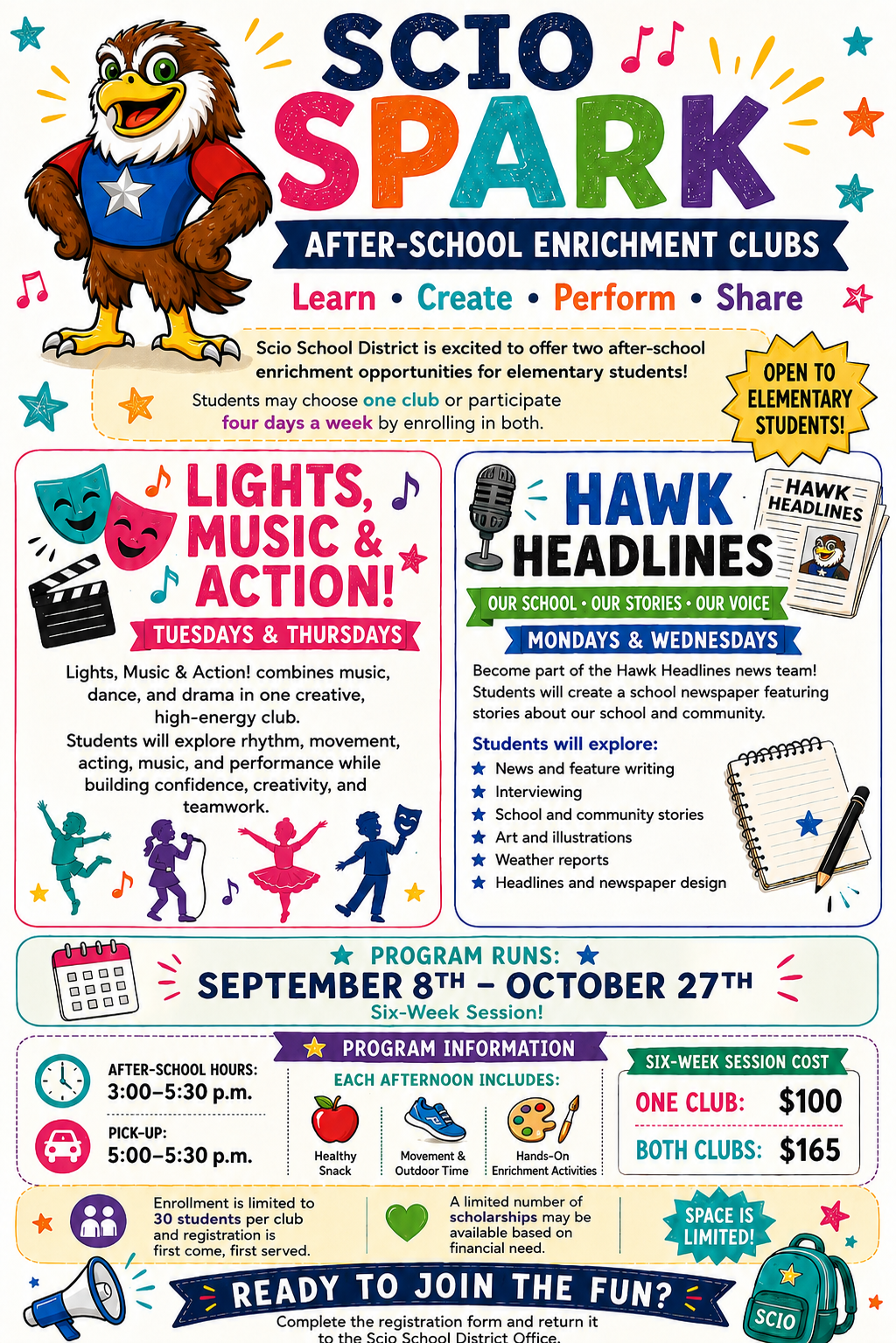 A poster featuring a lot of text detailing the new Scio SPARK after-school programs being offered